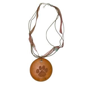 Fur Baby Paw Print Pendant Wood Ribbon Necklace